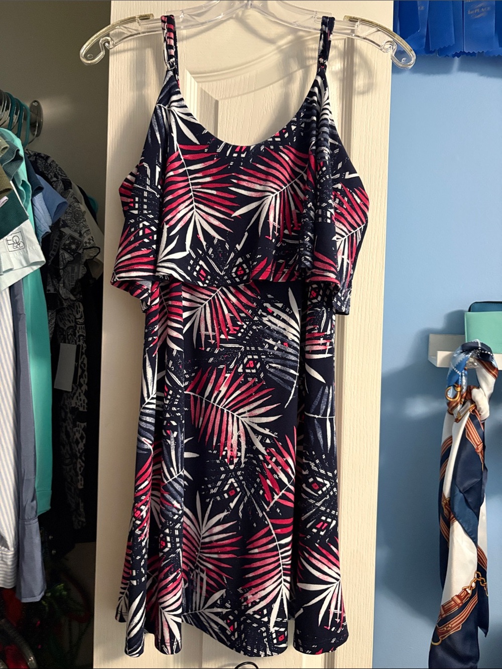 Express Navy Mini Dress with Pink & White Tropical Leaf Print
